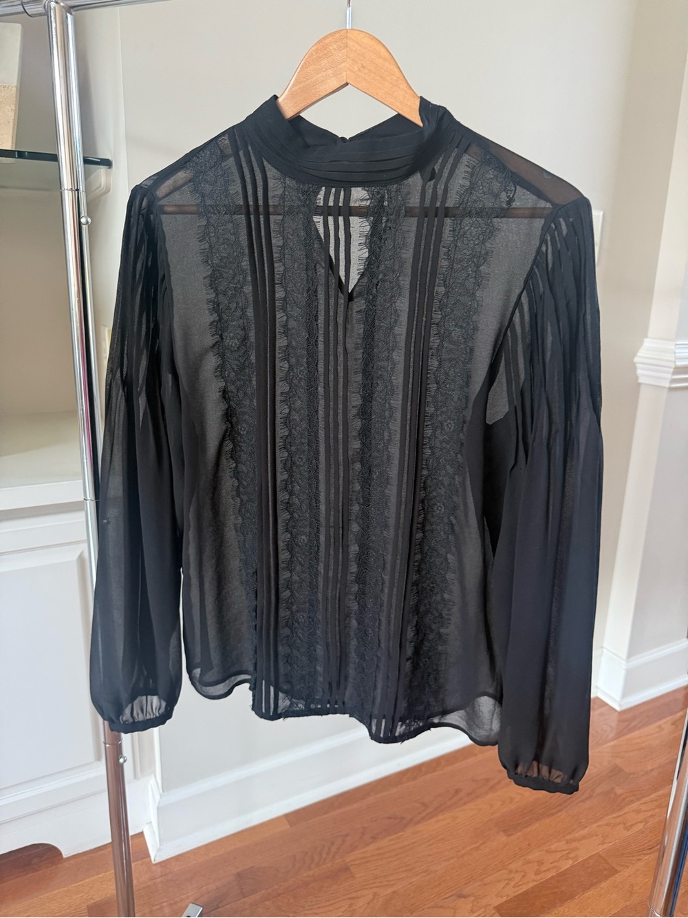 Banana Republic Black Sheer Lace-Trim Long Sleeve Blouse